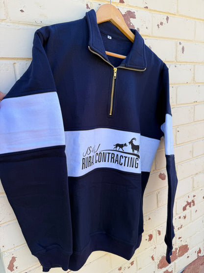 Zip up navy jumper.
